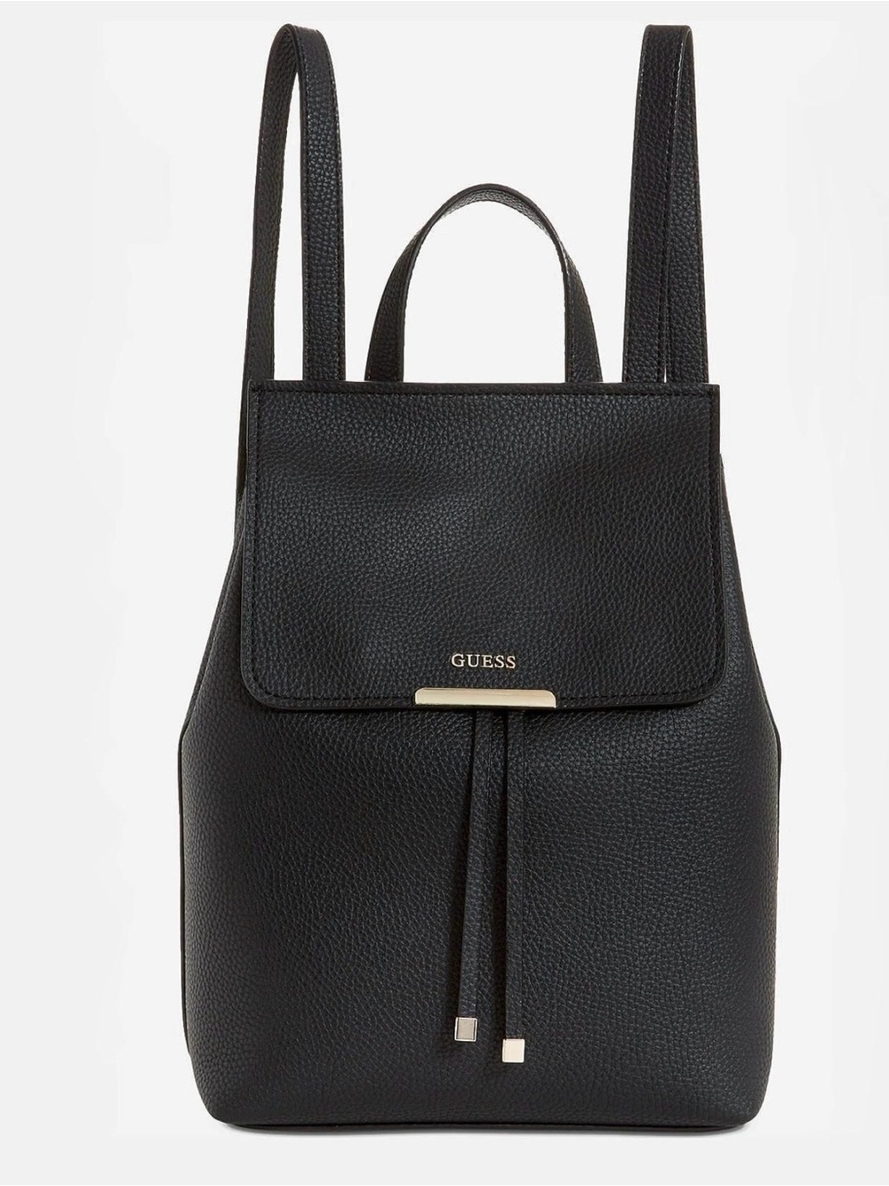 GUESS Black Pebbled Leather Drawstring Backpack with Gold Hardware